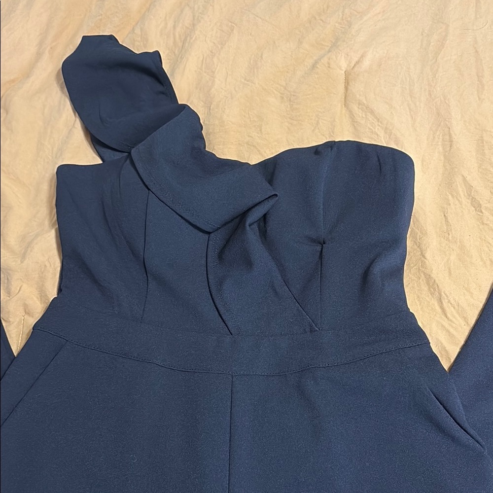 Shinestar Black  Ruffled One-Shoulder Pantsuit with Pockets!